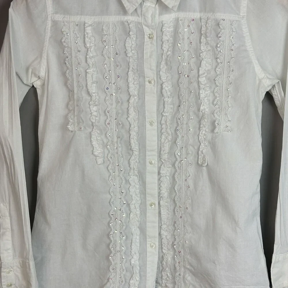 VTG Y2K Justice Button Up Shirt Girls 10 White Long Sleeve Lace Ruffle Coquette